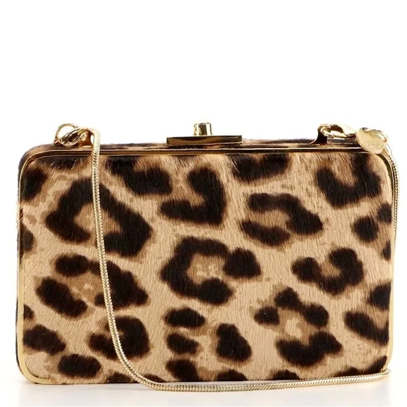 Henri Bendel Leopard Print Calf Hair Clutch Detachable Chain Strap & Box NIB - Picture 3 of 6